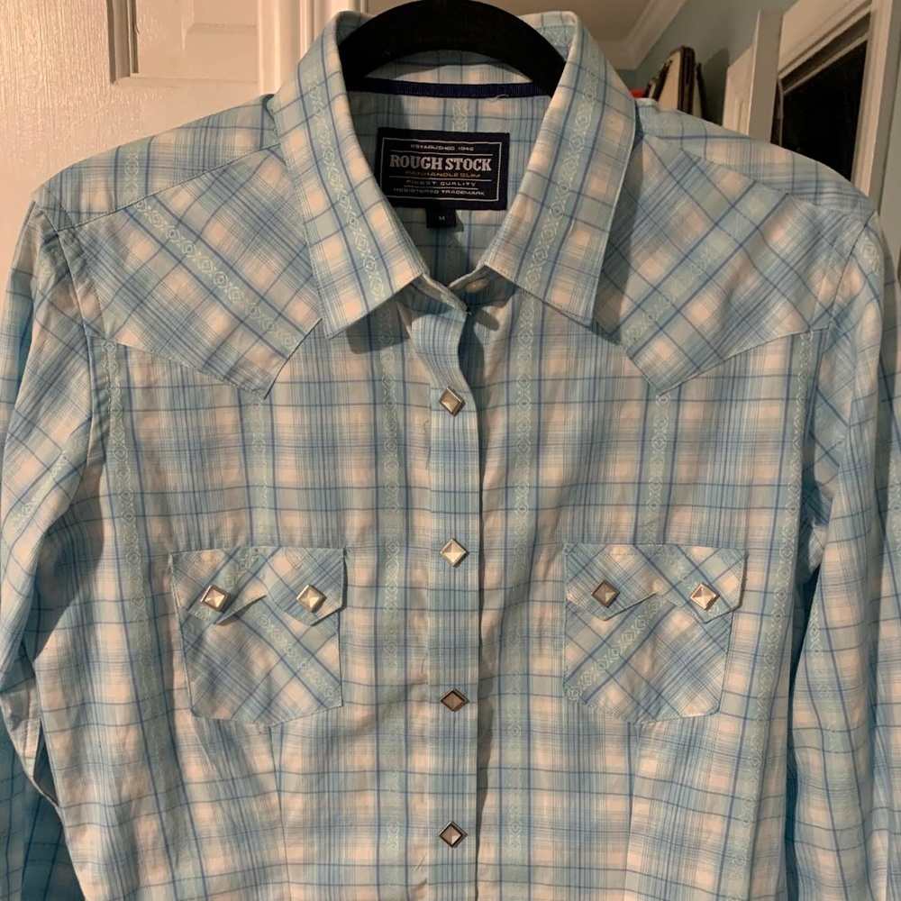Western Cowgirl Rodeo Pearl Snap Lt Blue Plaid, Size Medium